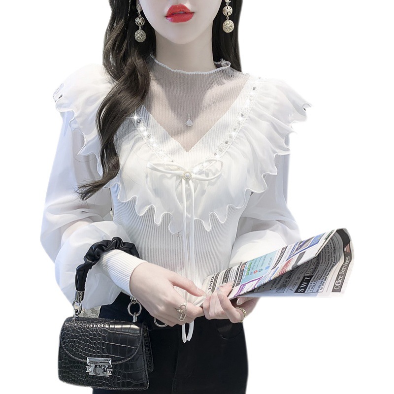 French V-neck Ruffled V-shaped Diamond Stitching