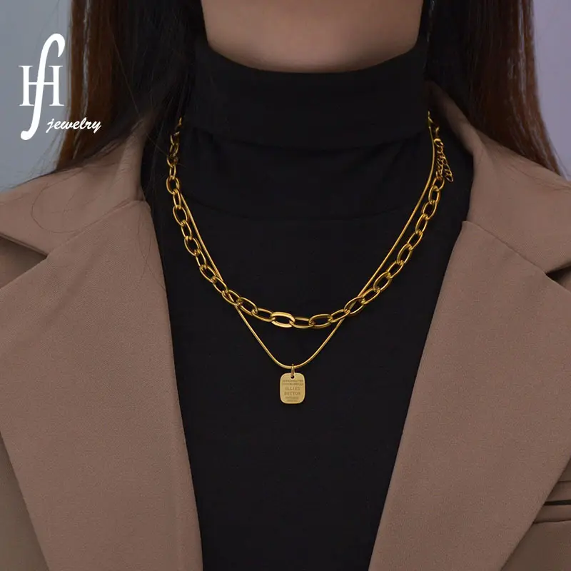 Stainless Steel Layered Tag Pendant Oval Link