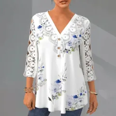 Printed Lace V-Neck Loose Three-quarter Sleeve Casual Shirt - White - View 1