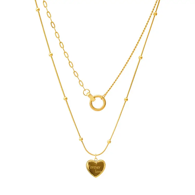 Women's Double Ring Love Necklace Titanium Steel Color Protection