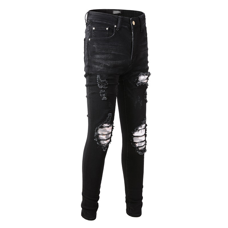 Title 3, Jeans neri strappati con toppe, stretch, slim f...