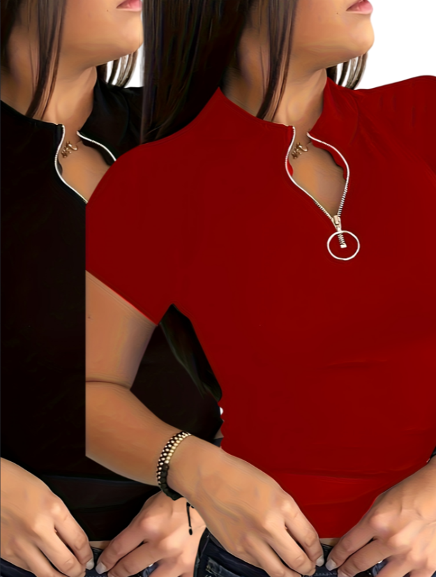 Women's V-Neck Zip-Up Short Sleeve T-Shirt 2 PC Set