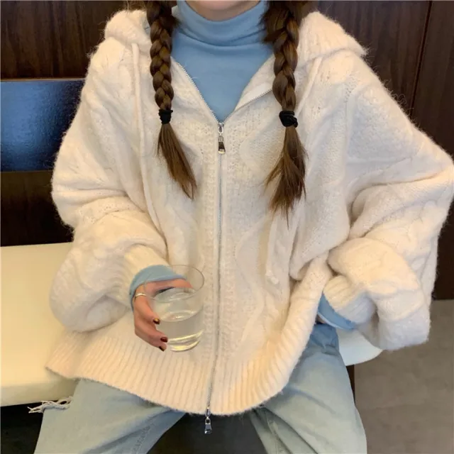 All match Hooded Twist Knit Cardigan Sweater Coat Apricot - Shop at LoveMi