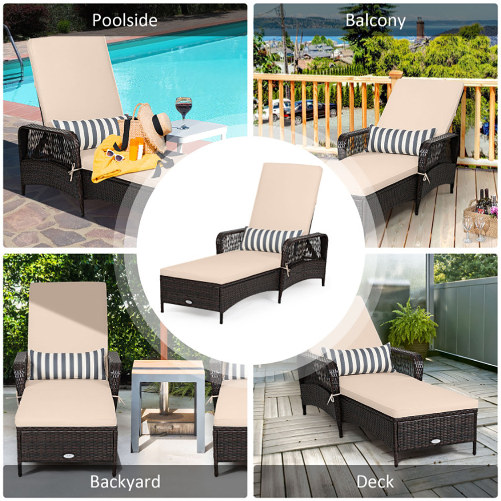 Outdoor Patio Wicker Chaise Lounge Chair With Adjustable Backrest And Pillow Of Up400lbs Foryard, Lawn, Poolside, Beach, Or Balcony