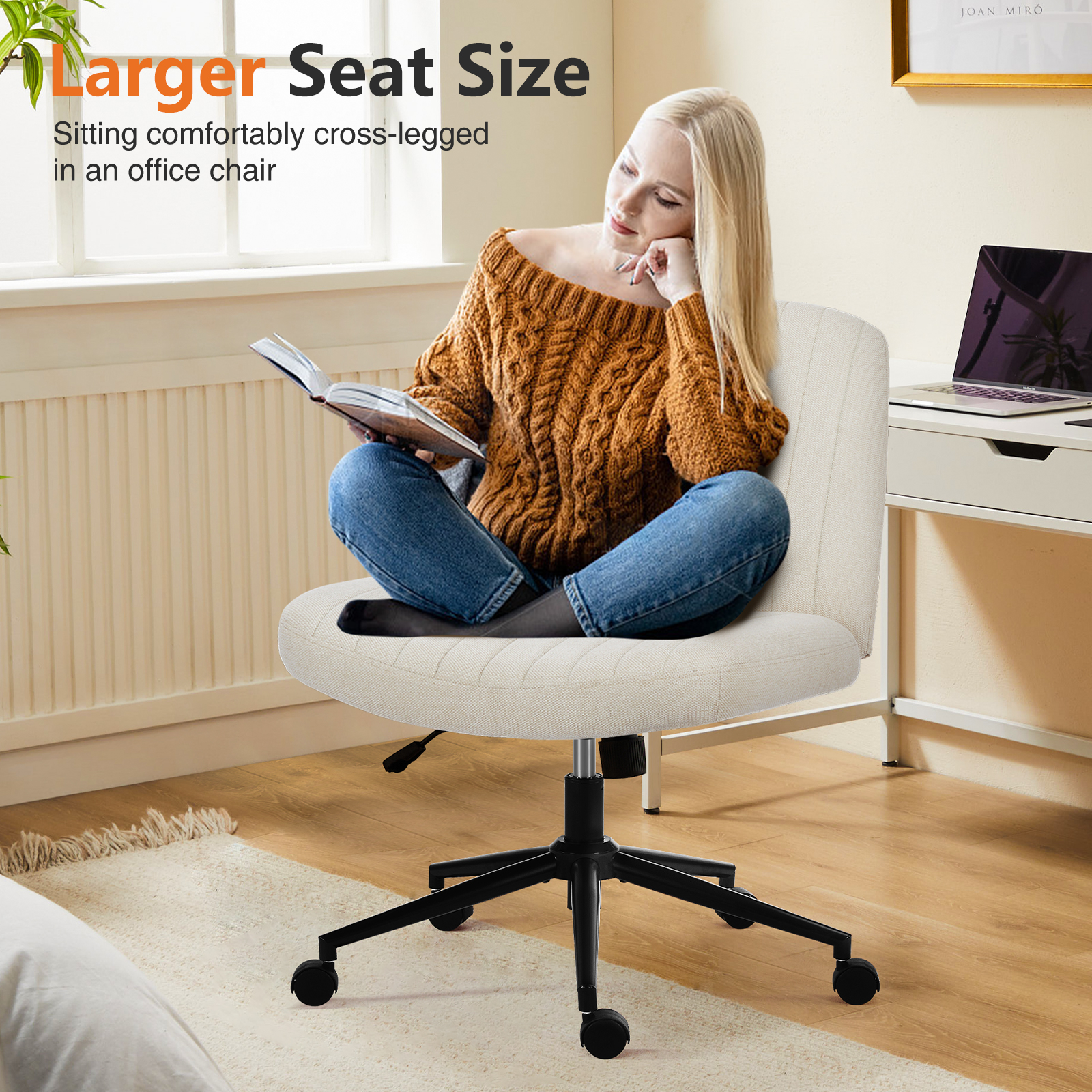 Office Desk Vanity Chair Cross Legged Armless Swivel Fabric Height Adjustable Wide Seat With Replaceable Wheels-Fixed Base, Comfy Task Chair Padded_voghion.com
