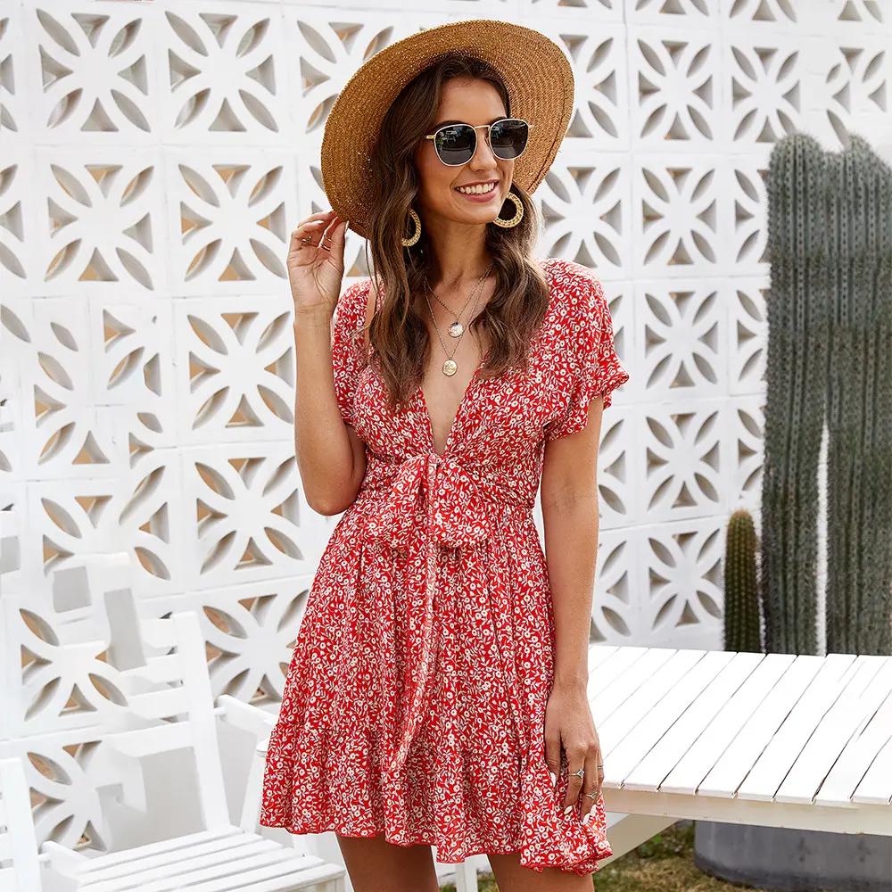 Deep V Ruffled Floral Spring Dress Women's Clothing