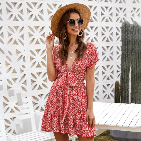 Deep V Ruffled Floral Spring Dress Women's Clothing