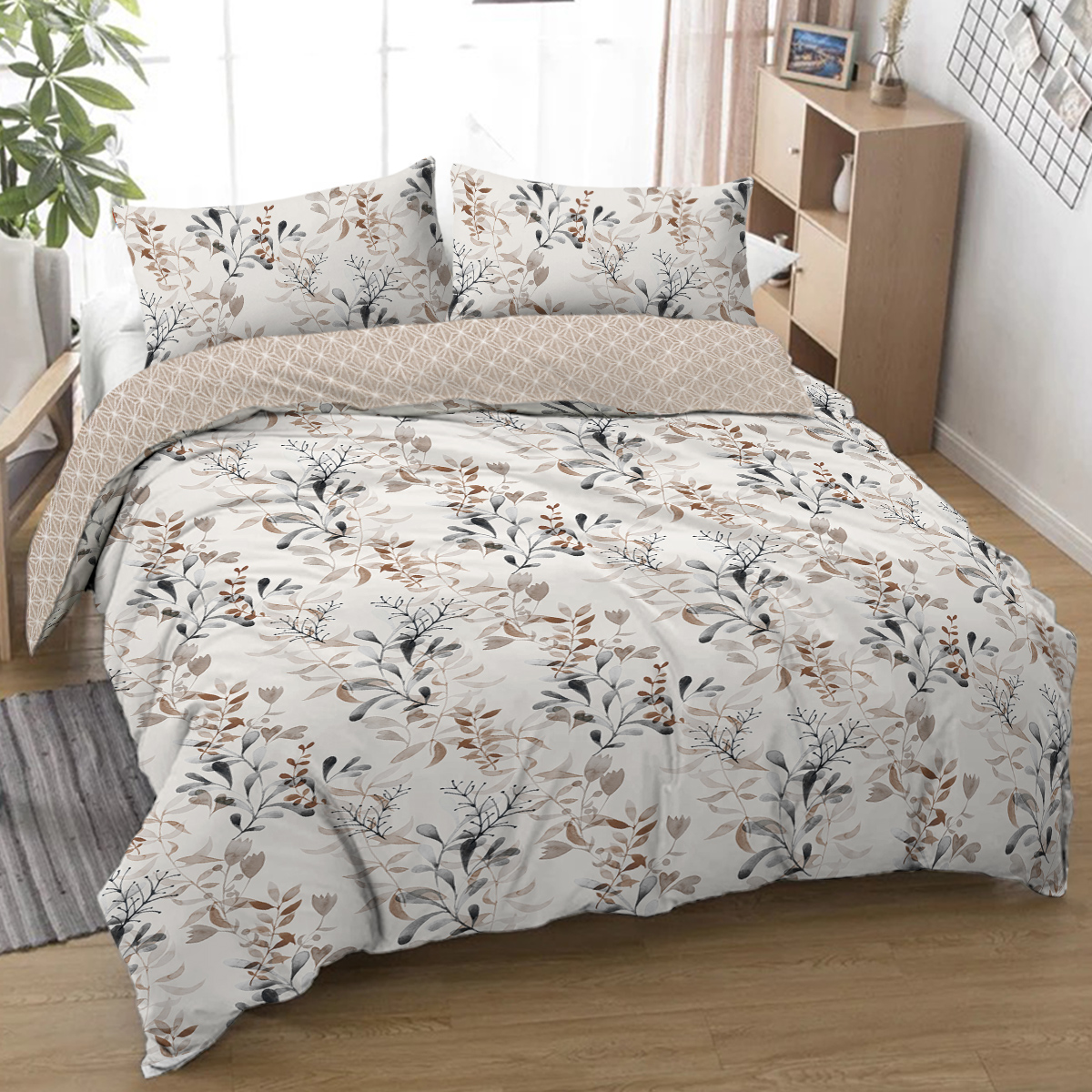 Grey 3 Pieces Grey Floral Duvet Cover Set, Botanical Bed In A Bag Brown Leaves Bedding Set Soft Microfiber 1 Bedding Set And 2 Pillow Shames