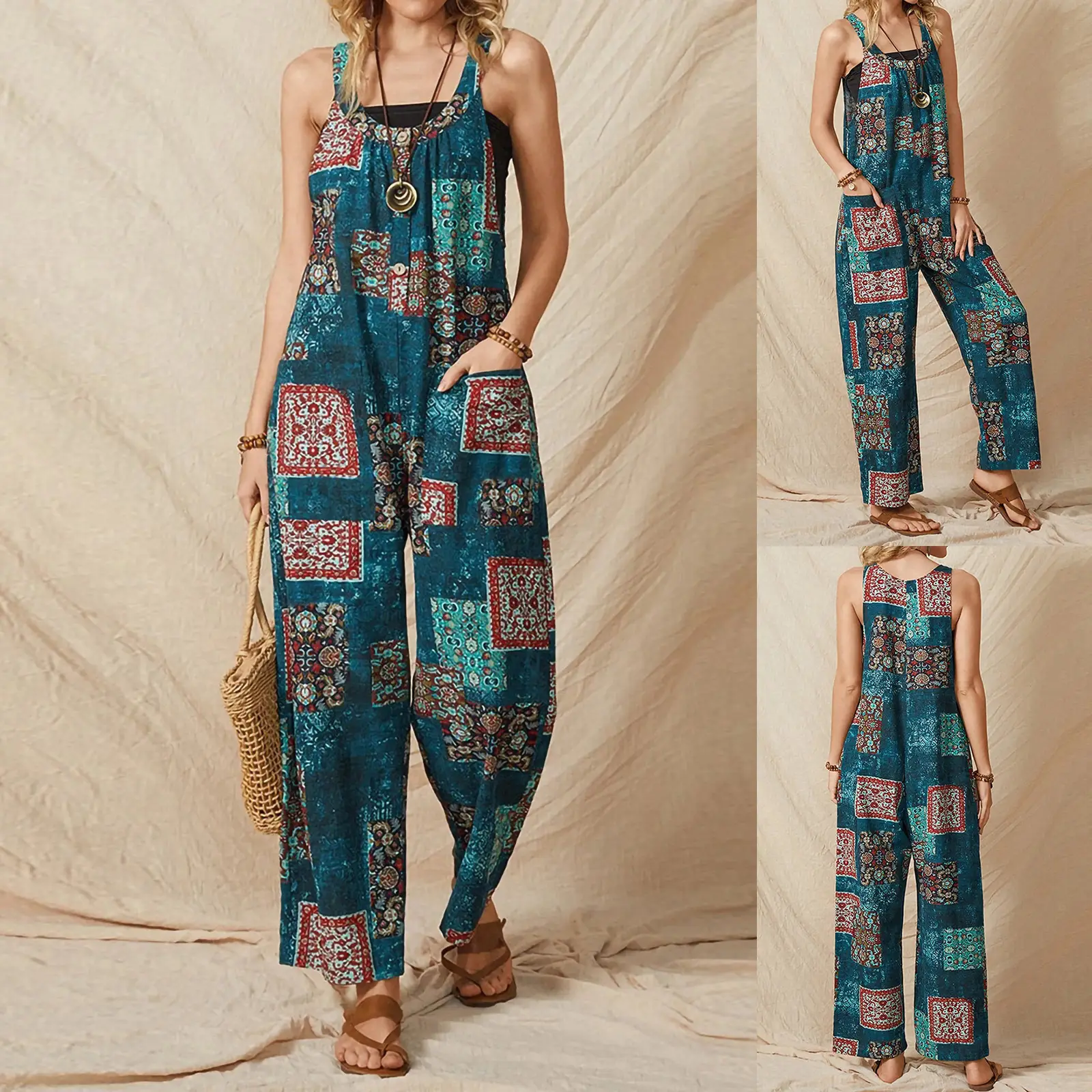 Women's Loose Vintage Print Pocket One Piece Wide Leg Casual Pants