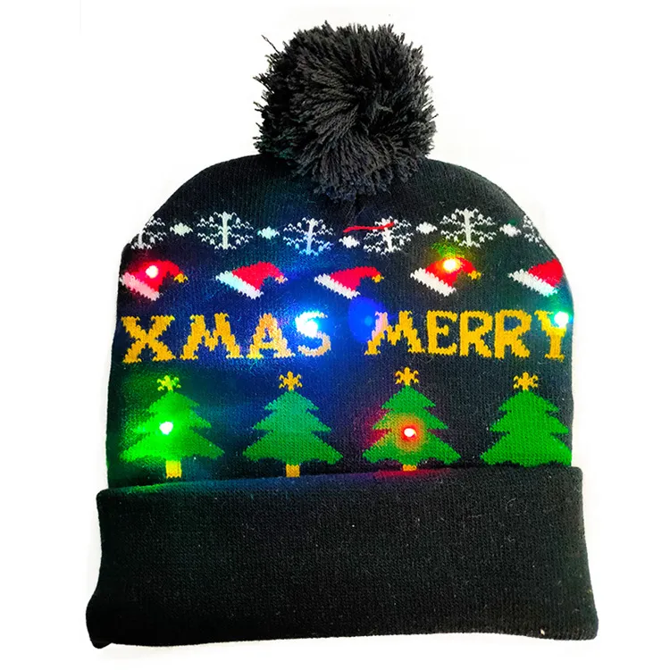 LED Christmas Hat Sweater Knitted Beanie Christmas Light Up Knitted Hat Christmas Gift Kids Xmas New Year Decorations - A-One Size
