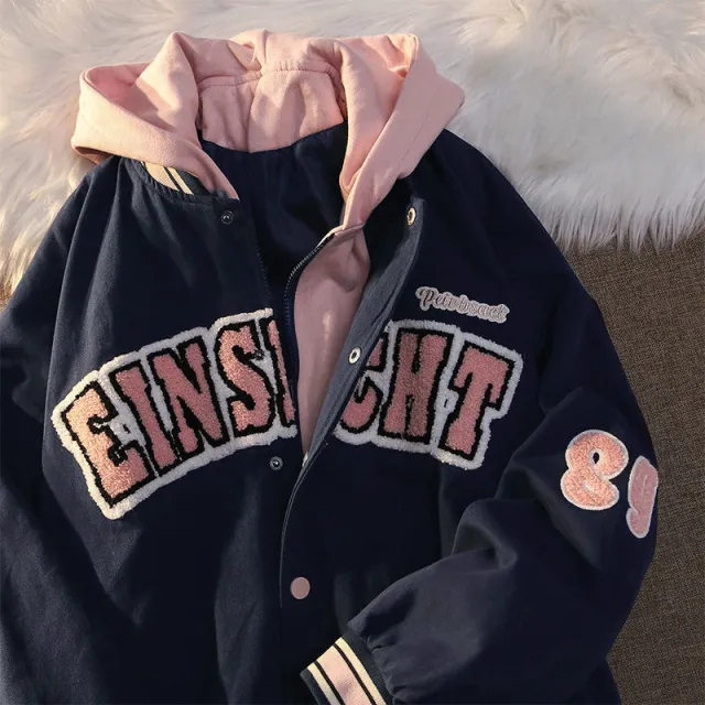 American Vintage Letter Embroidery Fake Two Baseball Coat Women Blue - Shop at LoveMi