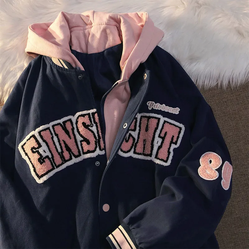 American Vintage Letter Embroidery Fake Two Baseball Coat Women - Blue