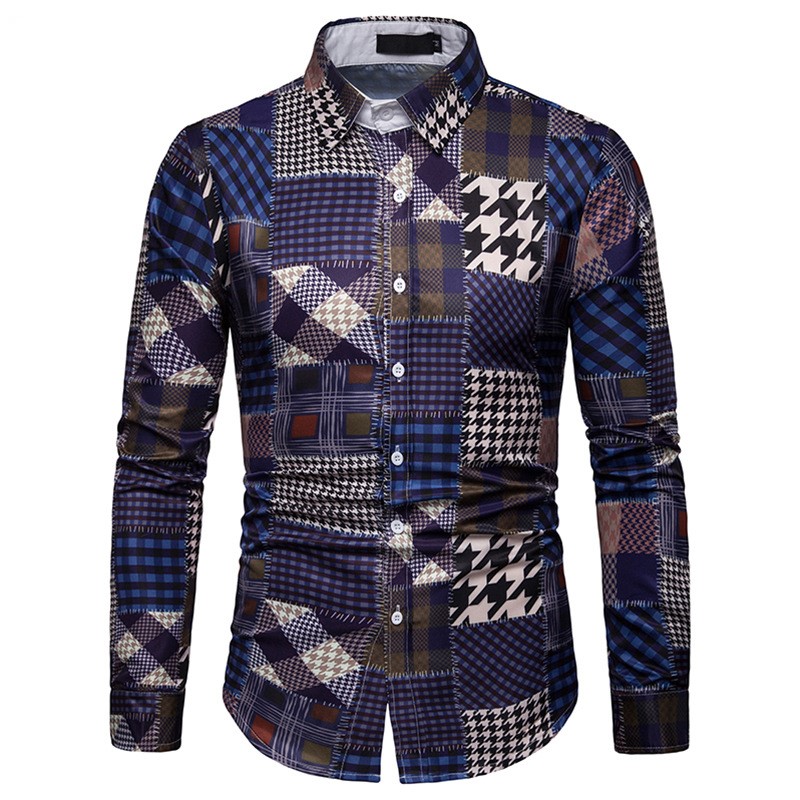 Title 4, Printed long-sleeved shirt fashion lapel plaid ...