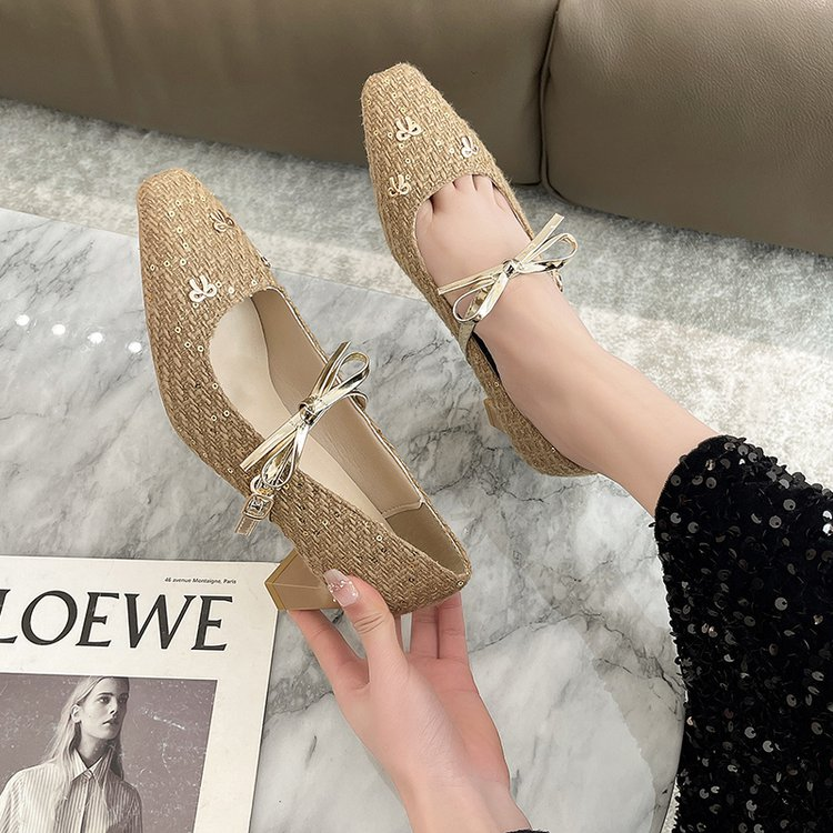 2026 New Women's Square Toe Bowknot Woven Mary Jane Chunky Heel Pumps