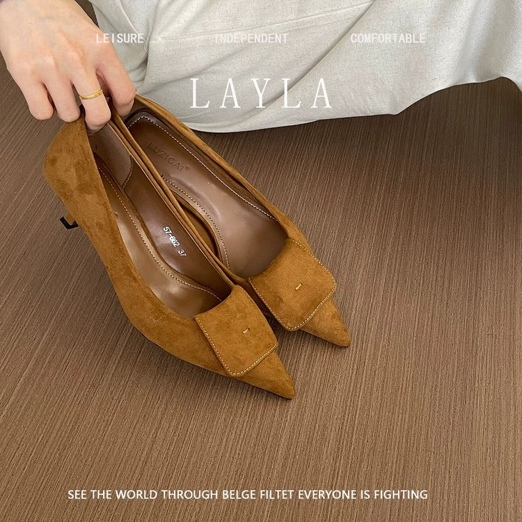 Elegant French Pointed Toe High Heels For Women, Velvet, Slim Heel, Spring 2025 New Collection, Versatile Low-Cut Commute Shoes