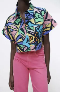 Spring Print Poplin Women Short Shirt - Colour Mixing-L - View 1