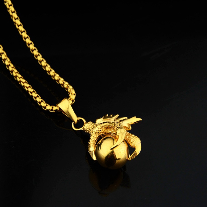 Dragon Claw Gold Bead Pendant Hip Hop All-match Titanium Steel Necklace