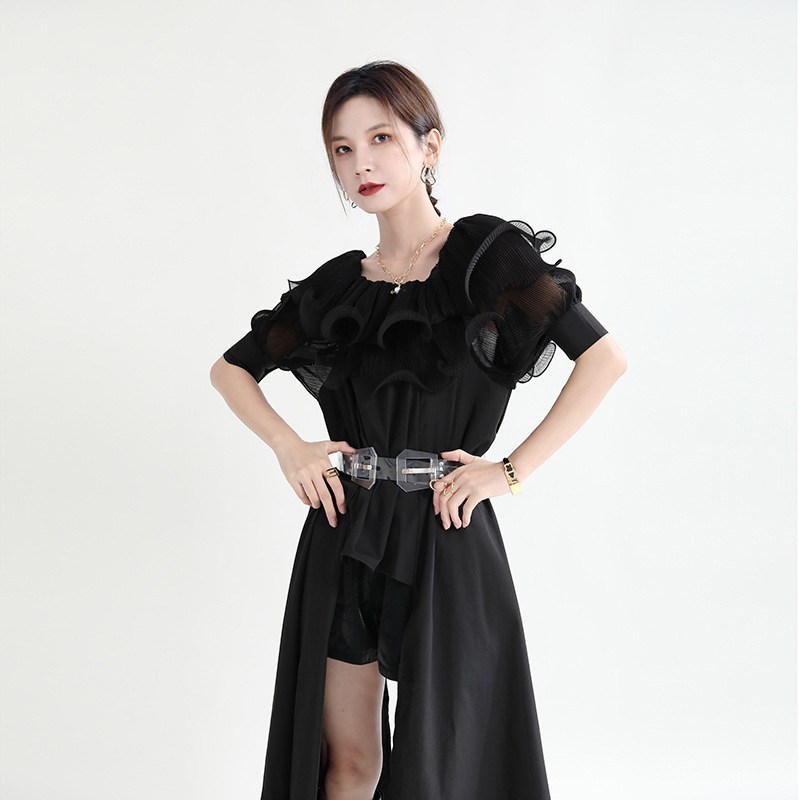 Title 4, Ruffled Pleated Chiffon Panel Shirt Dress