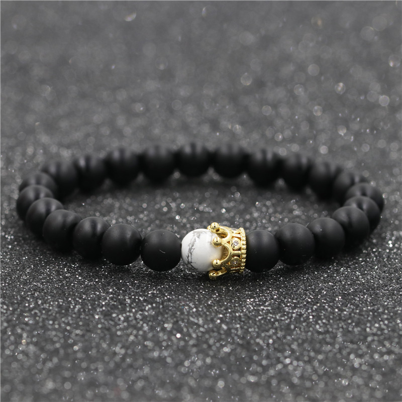 Jewelry White Turquoise Black Frosted Stone Crown Set Couple Bracelet