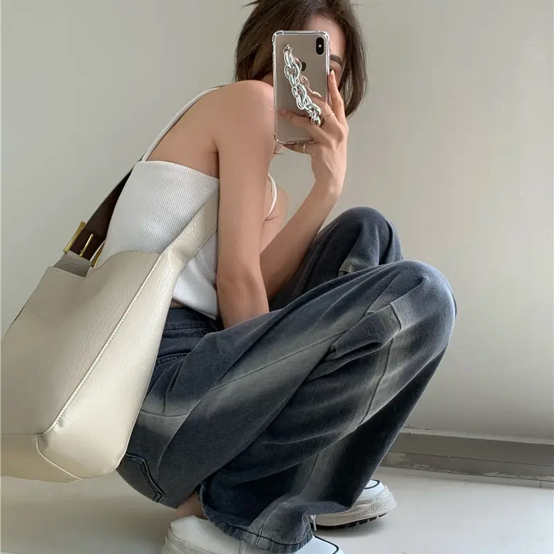 Gray Gradient High-rise Denim Loose Wide-leg Pants