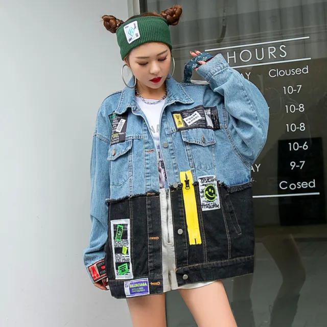 Personality Stitching Graffiti Patch Denim Loose Jacket Women Blue - Shop at LoveMi