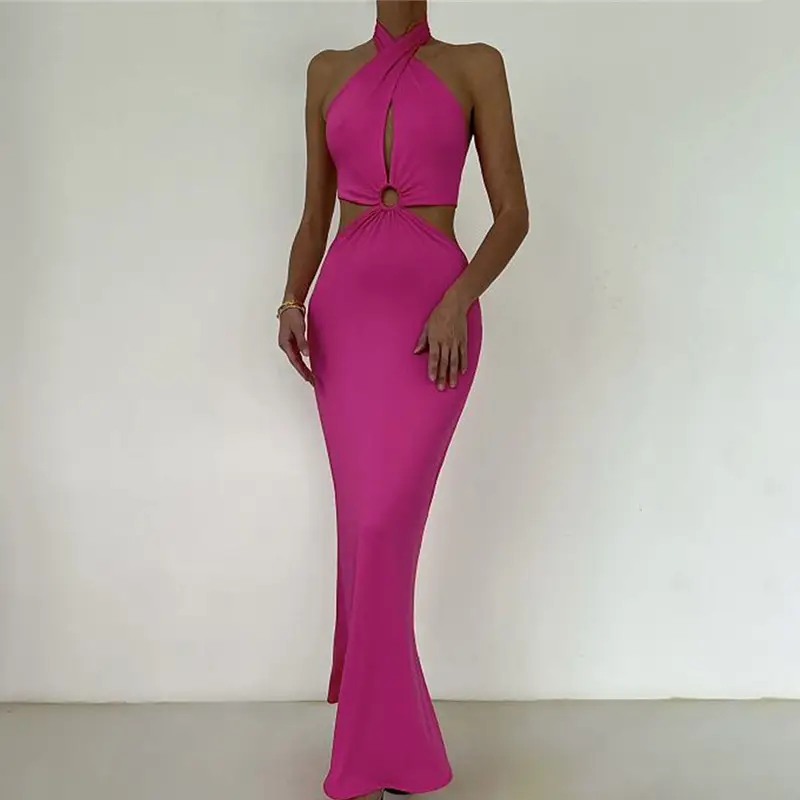 Sexy Fashion Stitching Halter Strap Backless Dress