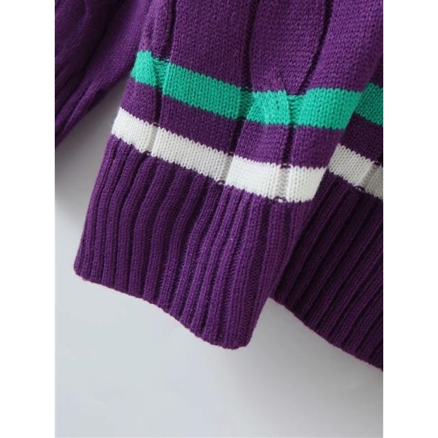 Loose And Lazy Embroidery College Style Purple V Neck Sweater