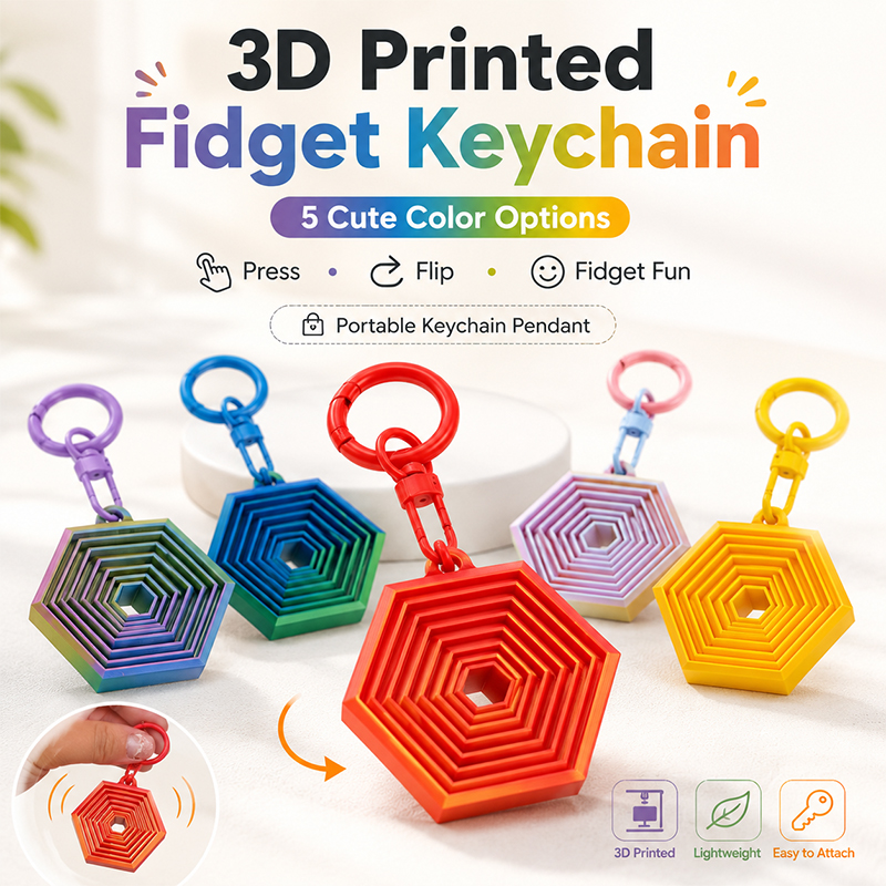 Breloc hexagonal „fidget” imprimat 3D, pandantiv cu inel pentru chei rabatabil, în straturi, talisman ușor pentru geantă și accesoriu de uz zilnic