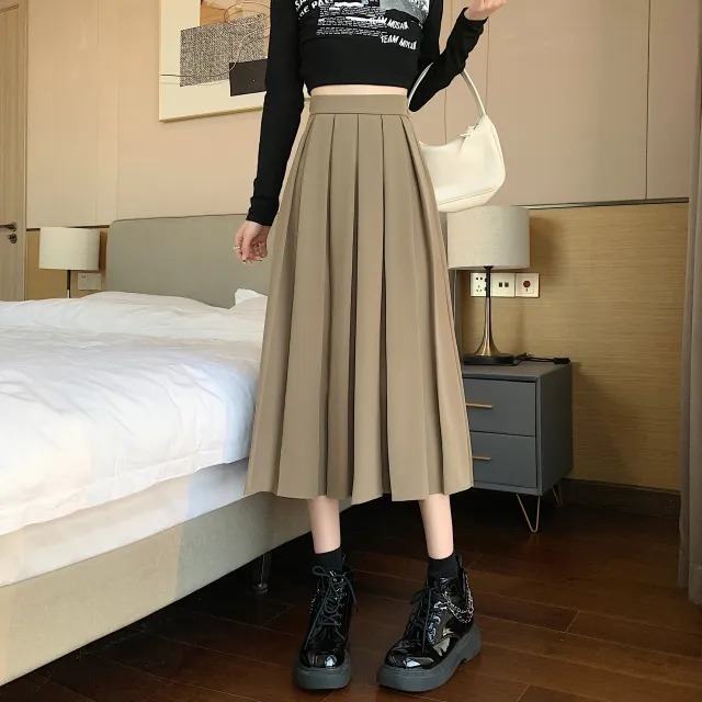 Mid Length High Waist A Line Umbrella Skirt Coffee - Shop at LoveMi