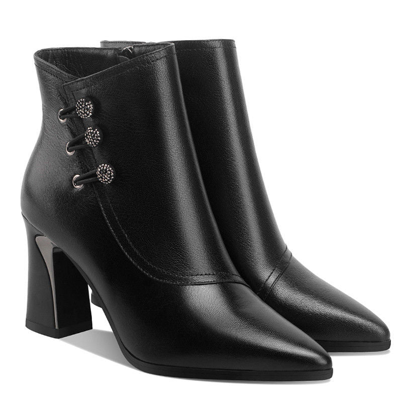 Women's Pointed Toe Chunky Heel Ankle Boots Black - Shop at LoveMi