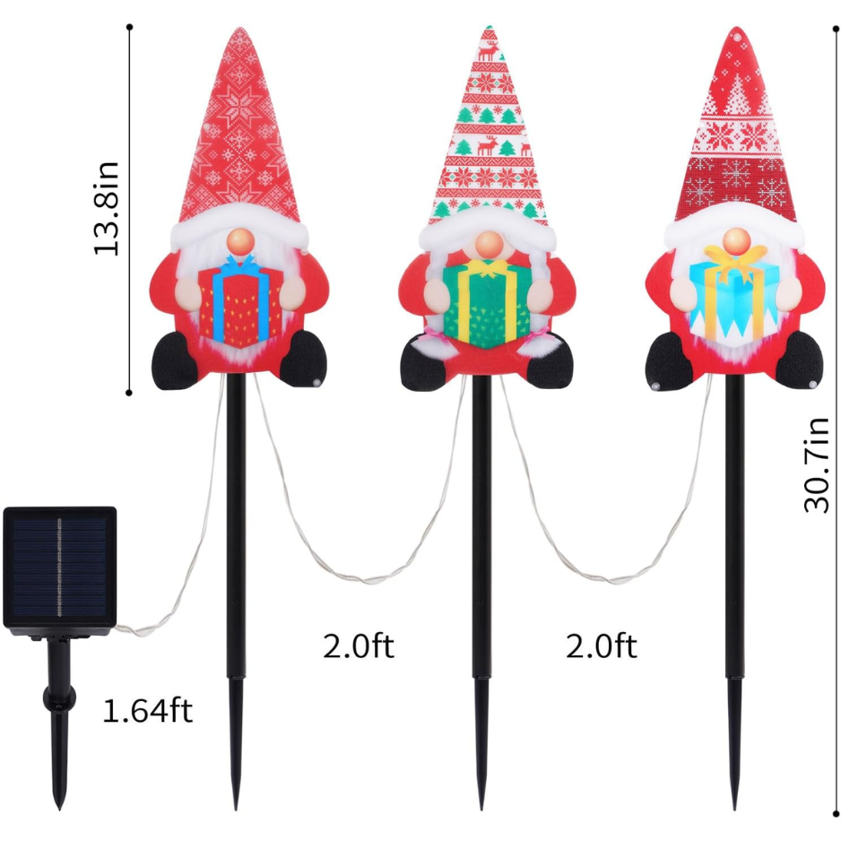 Set Of 3 Solar Christmas Decorations, 8 Modes Solar Pathway Stakes Lights, Outdoor Christmas Gnome Lights Decor For Garden 2