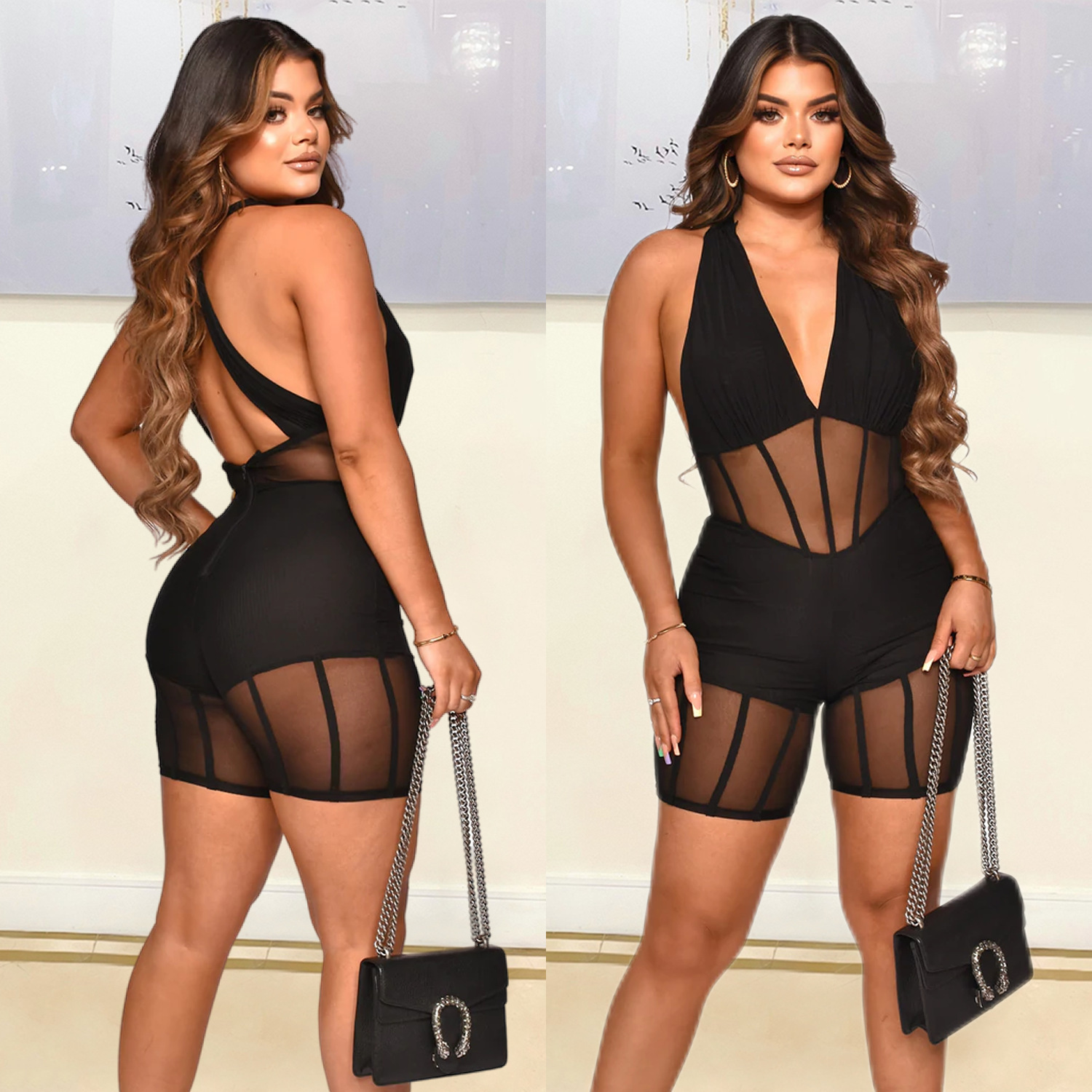 Women’s Fashion Mesh Stitching Jumpsuit Shorts