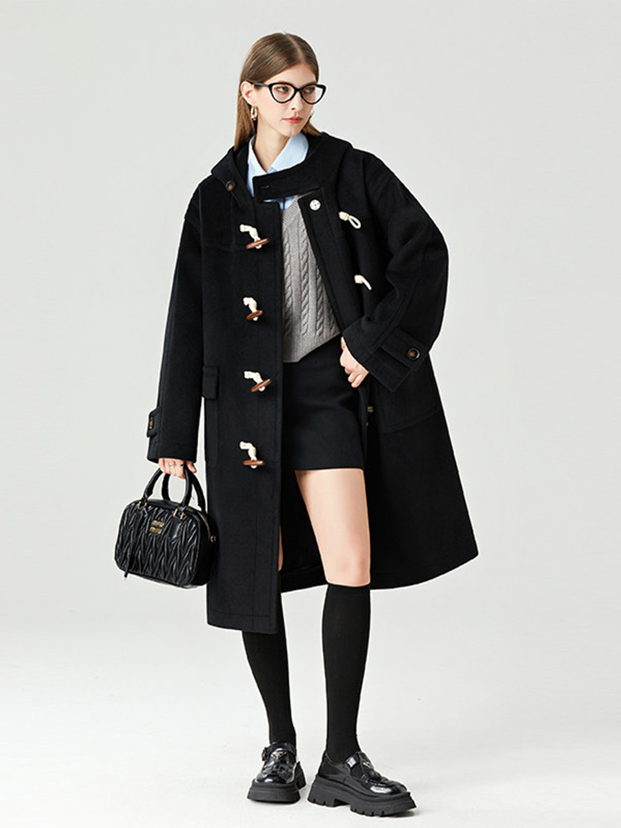Women hooded wooden duffle button wool blend coat (black-s)