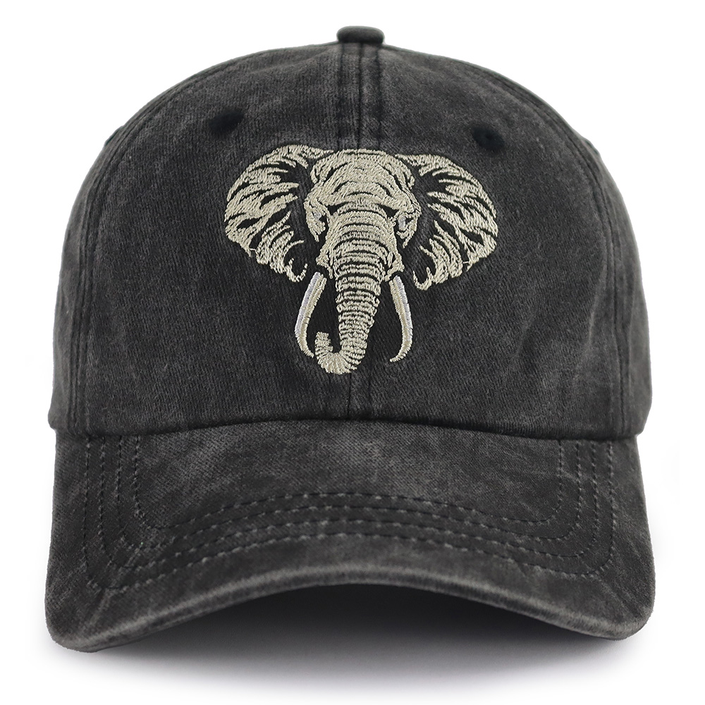 2pcs Vintage Washed Cotton Baseball Cap, Embroidered African Elephant Head Dad Hat Outdoor Summer Casual Sun Hat