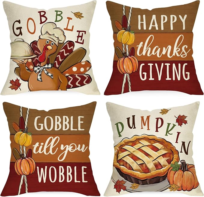 4-Piece Happy Thanksgiving Decorative Throw Pillow Covers, 18x18 Inch Autumn Cushion Covers