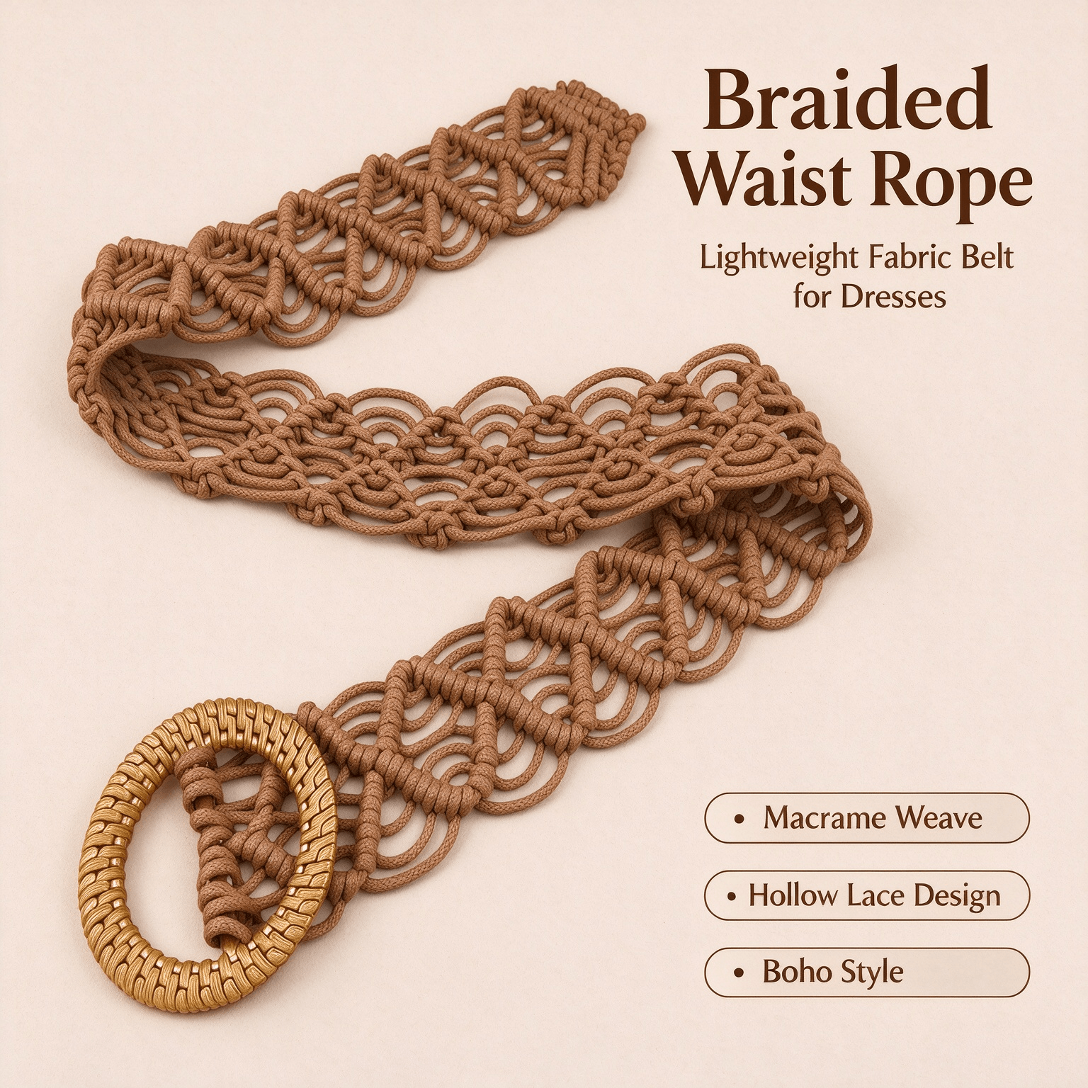 Curea țesută Boho Macrame cu cataramă inelară din lemn, curea împletită pentru femei pentru rochie