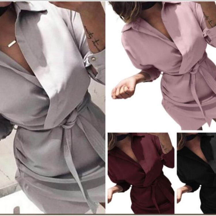 Long Shirt Belt Irregular Solid  Color Dress
