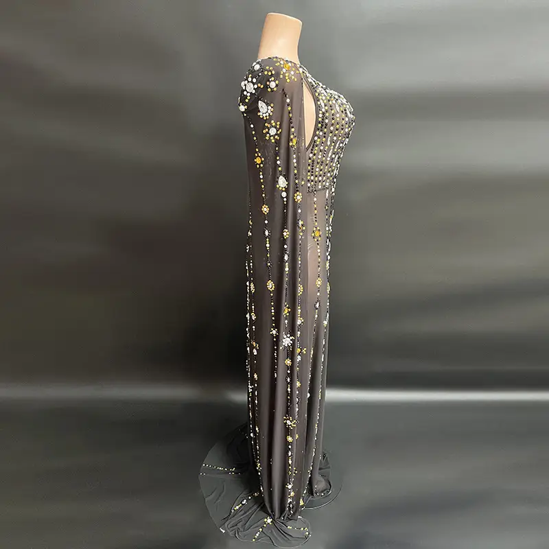 New Long Sleeve Dress Shiny Diamond Black Lady Sexy Mopping Evening Dress