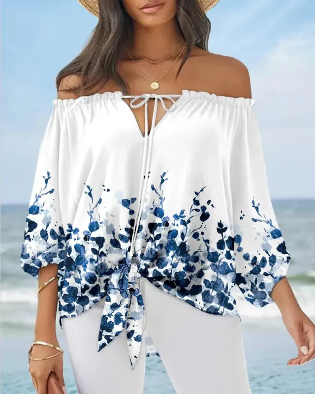 Sexy Off Shoulder Printed Chiffon Shirt Women Fashion Tied Detail Long Sleeve Pullover Tops Street Vintage Lady Blouse White - Shop at LoveMi