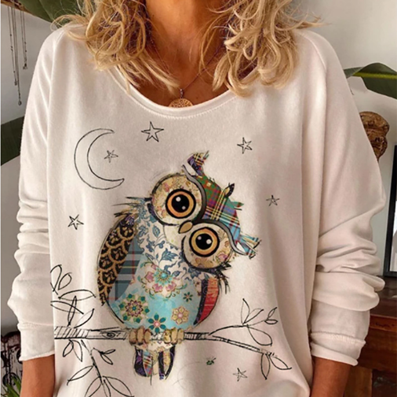 Owl Animal Print Long Sleeved Round Neck Loose