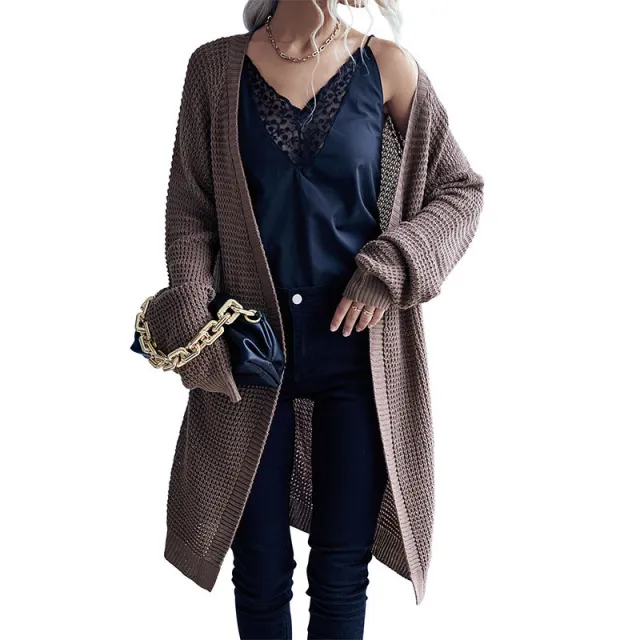 Women's Solid Color Long Cardigan Sweater Coat Coffee Brown - Shop at LoveMi