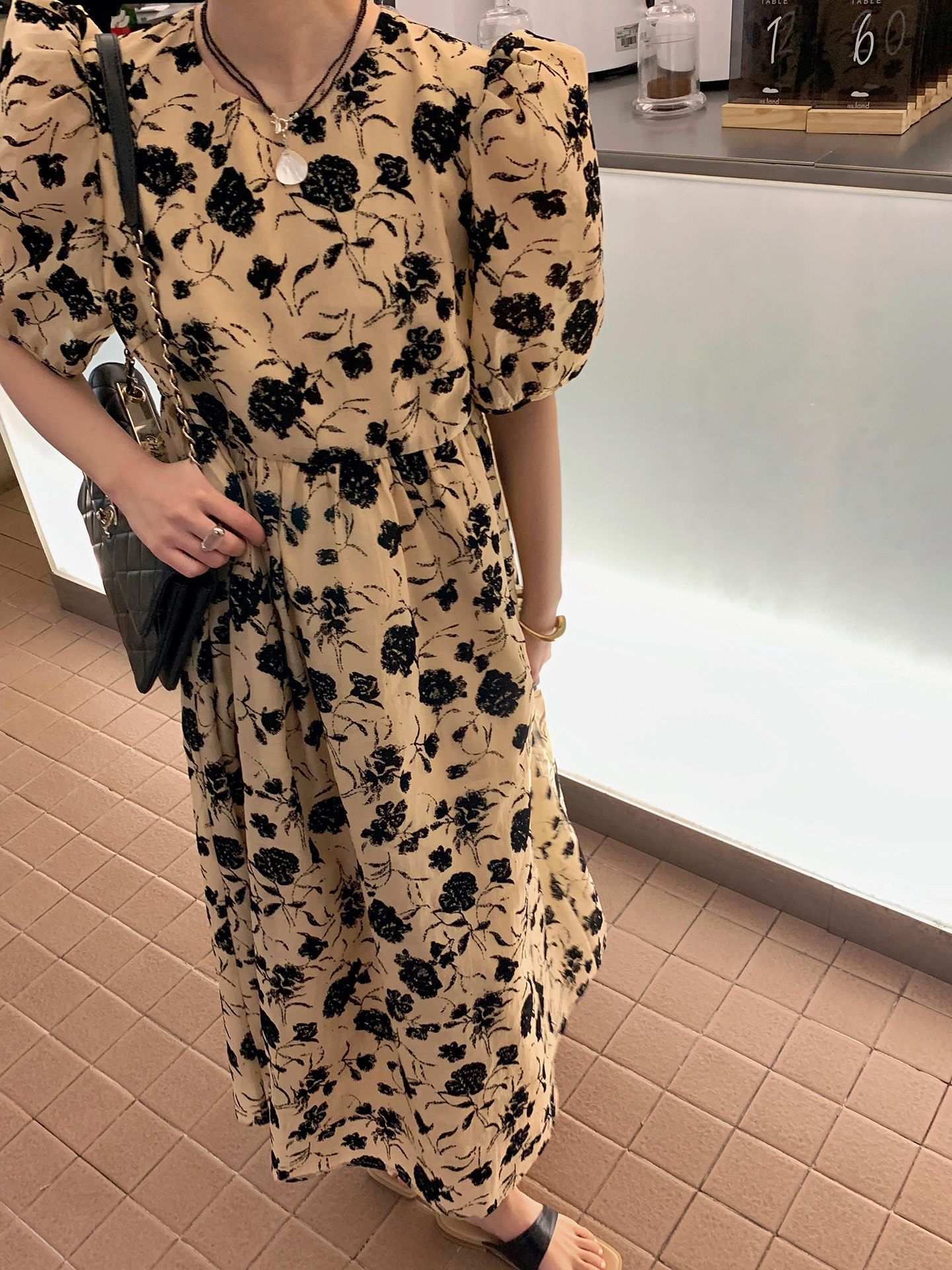 Flocked Crew Neck Puff Sleeve Dress