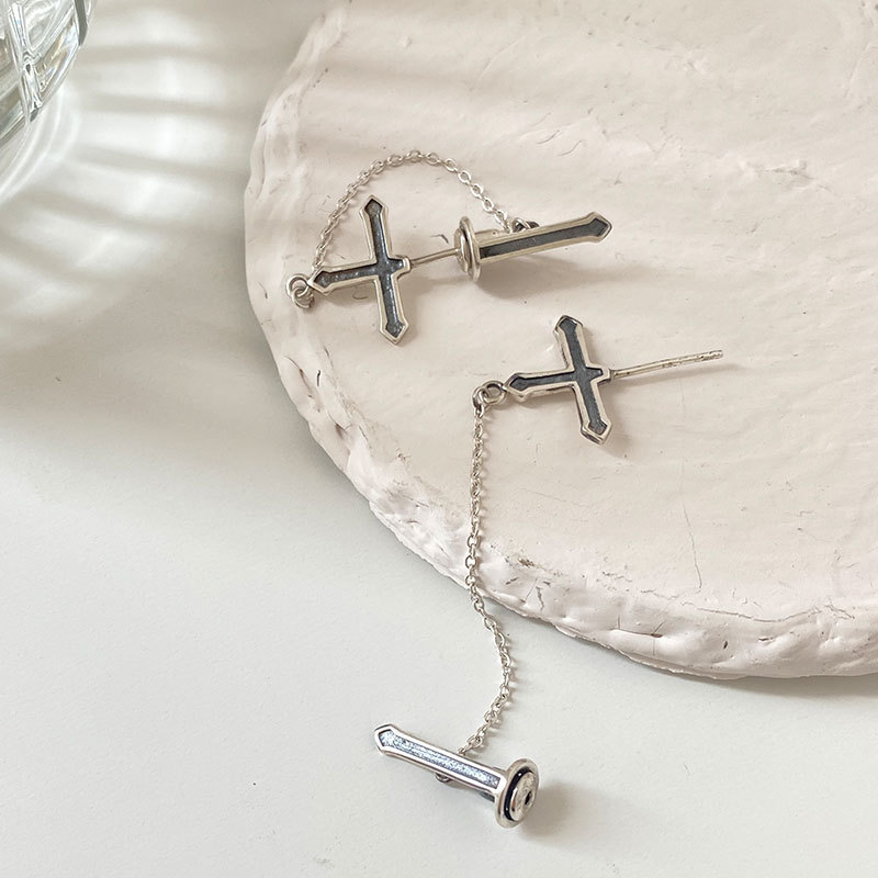 Sterling Silver Cross Vintage Chain Stud Earrings