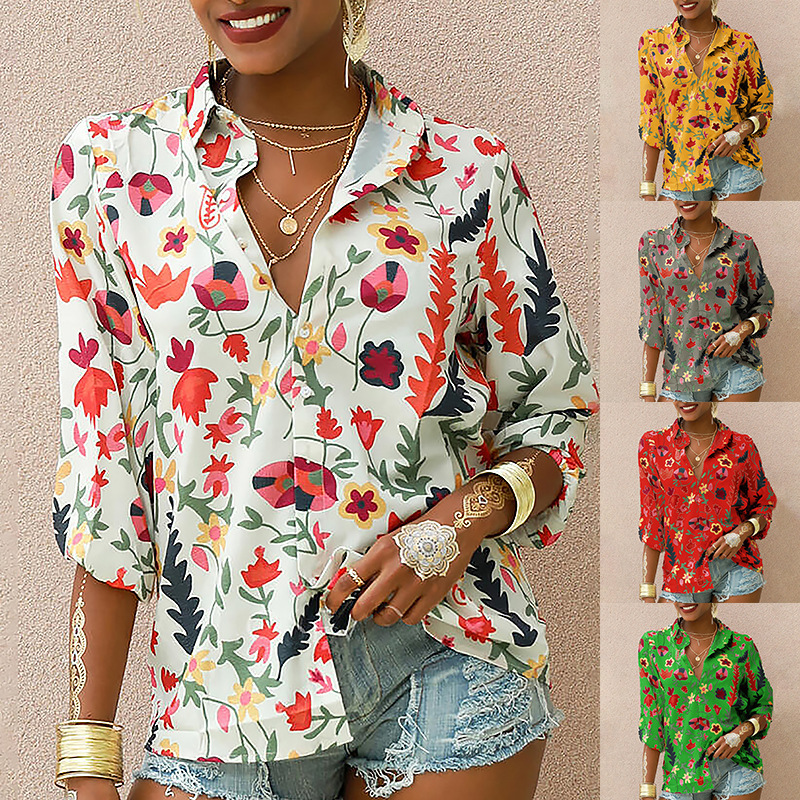 Printed Long Sleeve Lapel Collar Fashion Casual Loose Shirt