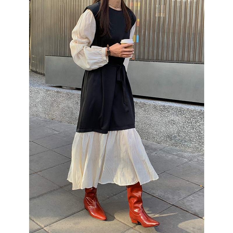 Fashionable Round Neck Temperament Stitching Ladies Dress