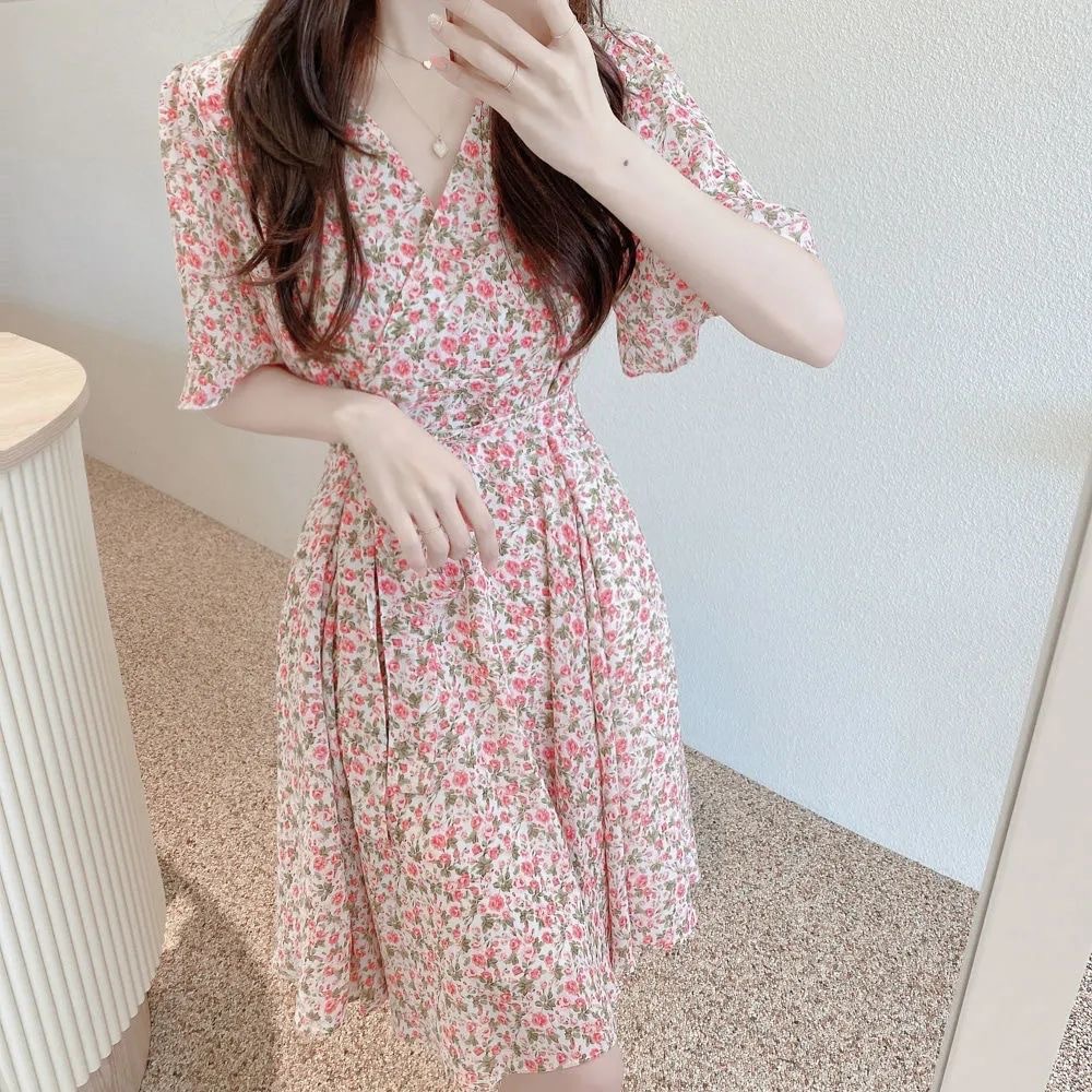 Women's Waist Short Sleeve Chiffon Floral Dress