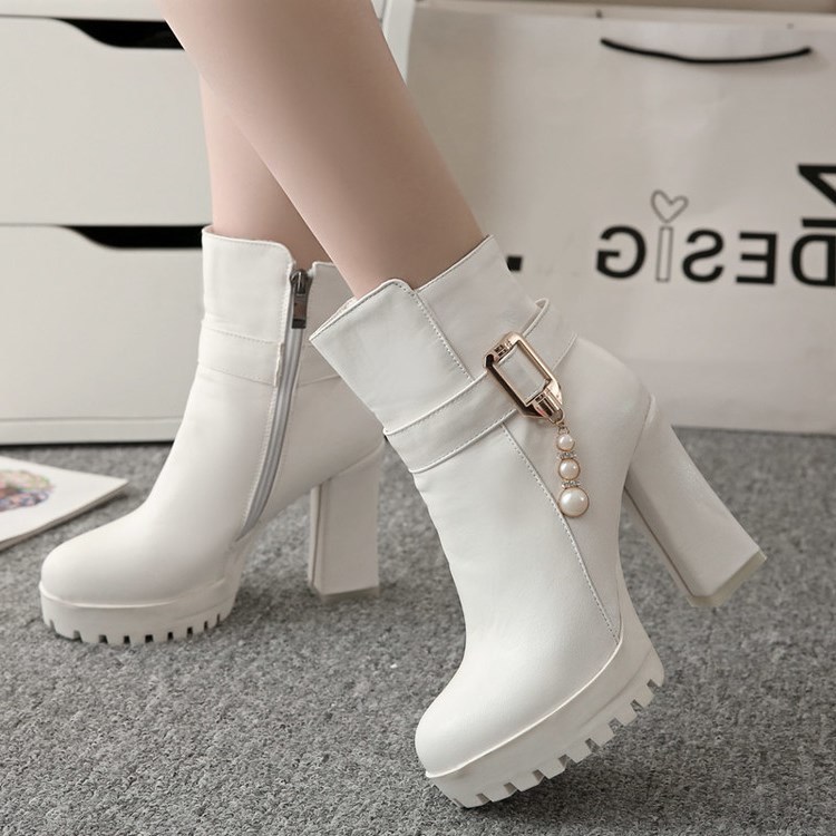 Women's Autumn And Winter High heeled Martin Short Boots White - Shop at LoveMi