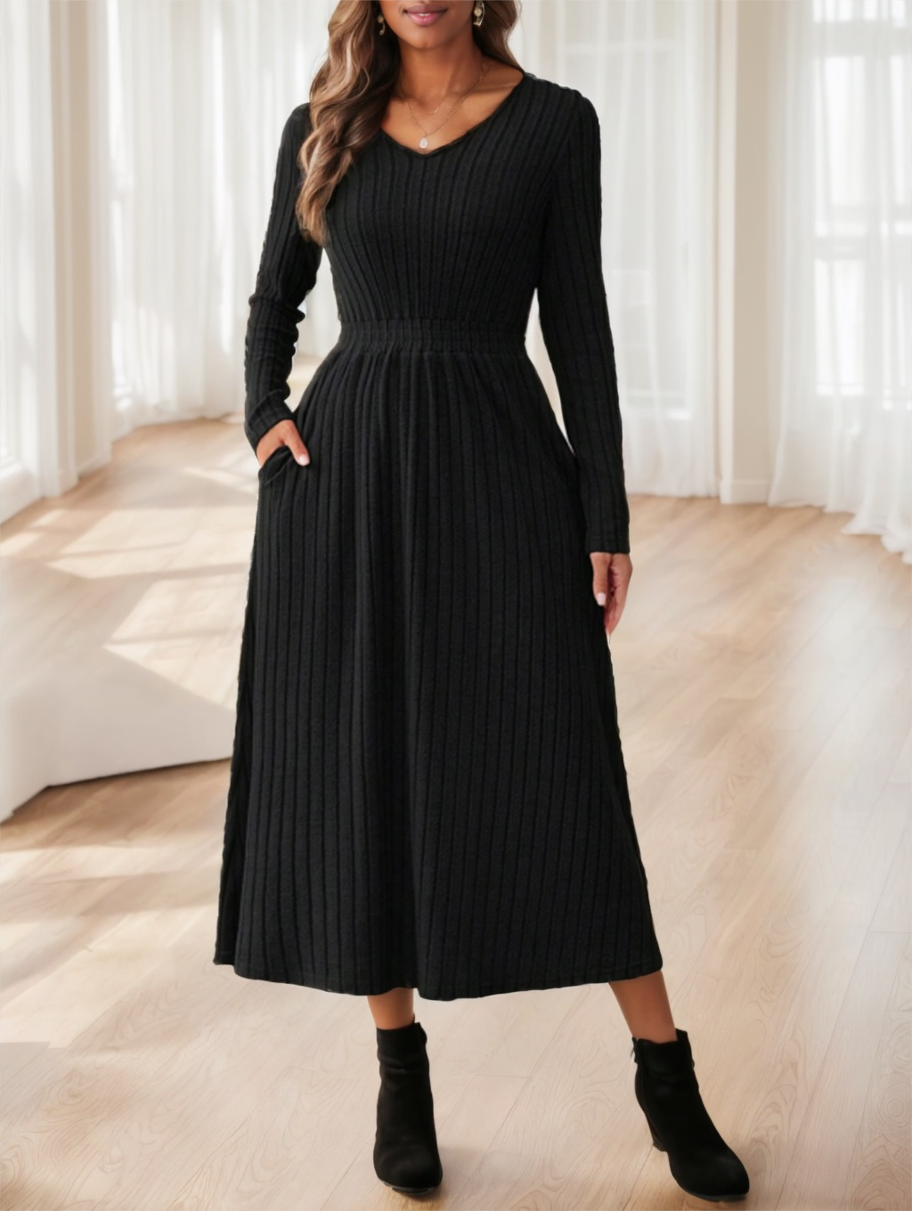 Women's Fall Solid Color Casual Long Sleeve Midi Dress With Belt Decoration