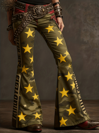Pantalon évasé femme rétro imprimé, taille haute à bouton unique – Color14, XXL