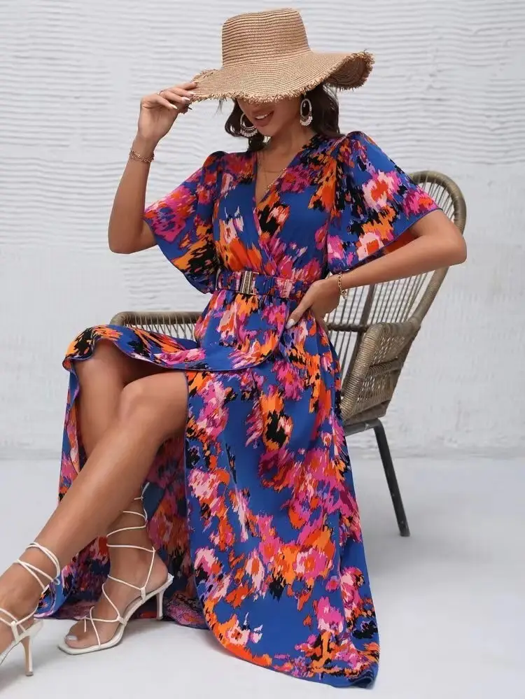 Summer New Short Sleeve V-neck Pullover Irregular Beach Dress